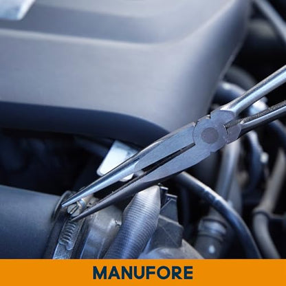 MANUFORE 5-Piece 11-Inch Long Reach Needle Nose Pliers Set for Tight Spaces | Straight, 45° & 90° Bent, Circle Nose and Diagonal, High Carbon Steel & CR-V, Comfort Grip for Better Control, Auto Repair - style: 5PCS