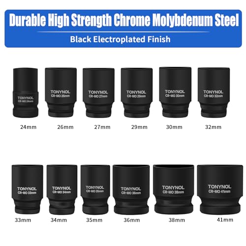 TONYNOL 3/4 Inch Drive Deep Impact Socket Set,6-Point,Metric (24mm to 41mm),12 Pcs,Cr-Mo,Heavy Duty Impact Socket Set,With a Storage Case - size: 3/4" Drive 12-Piece (15/16" to 1-5/8")