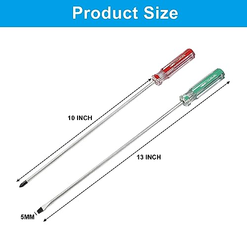 Hitefu 10 Inch Phillips and Slotted Screwdriver Set, 2PCS | Long Screwdriver, Cross Head & Flat Head, 5mm Tip, Professional Use