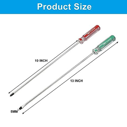 Hitefu 10 Inch Phillips and Slotted Screwdriver Set, 2PCS | Long Screwdriver, Cross Head & Flat Head, 5mm Tip, Professional Use