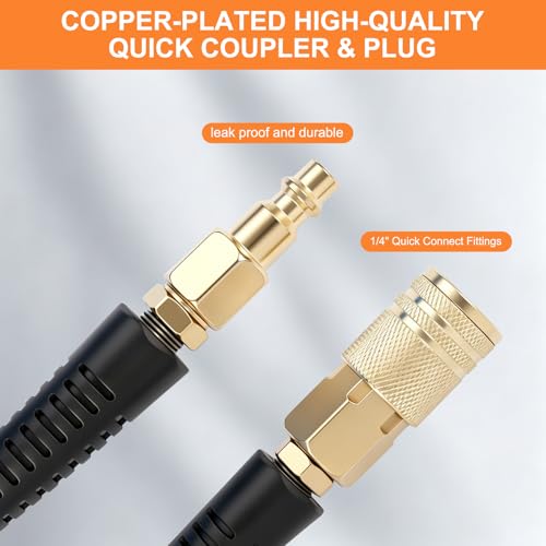 PU Recoil Air Hose, 1/4" NPT Polyurethane Coiled Air Compressor Hose with Quick Coupler & Bend Restrictors, Flexible Retractable Spring Air Line for Pneumatic Tools, Garage, Workshop 25'' Blue