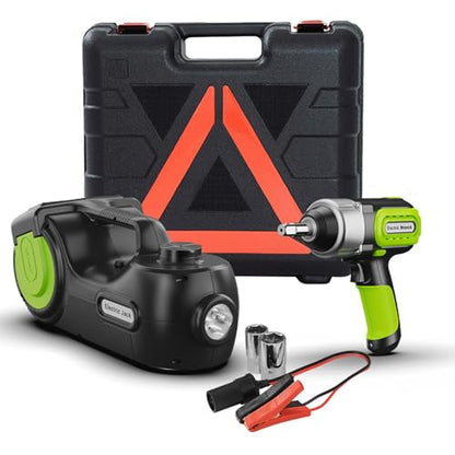 5-Ton Electric Hydraulic Car Jack Kit with Impact Wrench, 6.1-20.87 inch Lifting Range, 12V Emergency Tire Removal Tool Set with Window Breaker, Battery Clamps & Anti-Slip Gloves