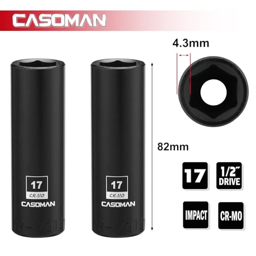 CASOMAN 1/2-Inch Drive x 17mm Deep Impact Socket, 2PCS Set, 6-Point, Metric, CR-MO - size: 17 mm (Deep, Pack of 2), style: 6-Point Socket