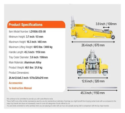 Scissor Jack 3T/2T Floor Aluminum Hydraulic Racing Floor Jack Hydraulic Car Jack with Dual Piston Lift Pump for Auto Repaire Scissor Jack Kit (3T Aluminum)