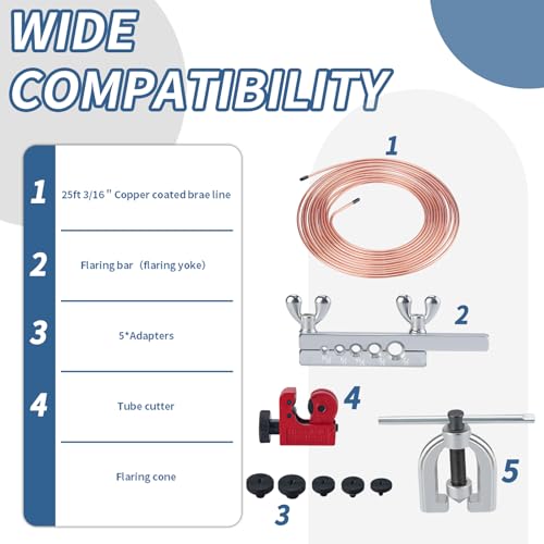 25 ft 3/16 Copper Coated Brake Line Kit 16 Brake Line Fittings and 4 Unions Brake Line Fittings Double & Single Flaring Tool Kit