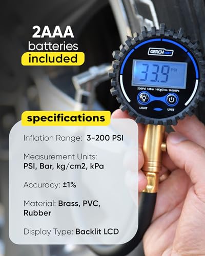 GERCHWAY Digital Tire Pressure Gauge 200 PSI - Accurate Air Pressure Gauge for Tires with Easy-to-Read Numbers & 45° Angle Chuck