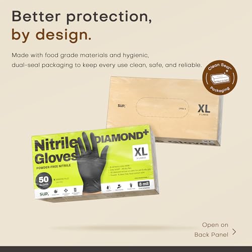 SUPER+ Disposable Nitrile Gloves, 8 Mil Diamond Powder-Free Latex-Free Food Safe Chemical Resistant Heavy Duty, Black 500 Ct - color: X-large (Black)