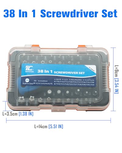 ROTATION 38-Piece 1/4 Bit Driver Screwdriver Bit Set with Portable Case, Chrome Vanadium Steel Multi Torq/Phillips/Torx/Triwing/Hex/Star - style: 38pc