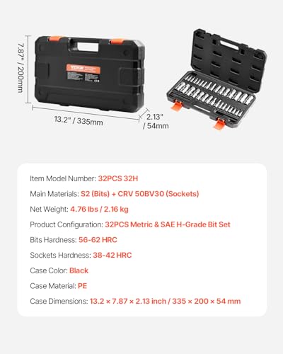 VEVOR Hex Bit Socket Set, 32-Piece, S2 Alloy Steel and Cr-V Steel, Standard SAE and Metric, 1/4 in, 3/8 in, and 1/2 in Drives, with Enhanced Storage Case, Allen Socket Set for Mechanics, Auto Repair - style: 32 PCS Hex