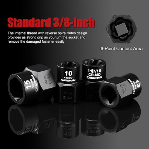 CASOMAN 3/8" Drive Bolt & Nut Extractor Set, Heavy Duty Screw Extractor Kit with Adapter and Pin for Removing Damaged Rusted Broken Rounded Fasteners off with a Storage Case, CR-MO - size: 46-Piece