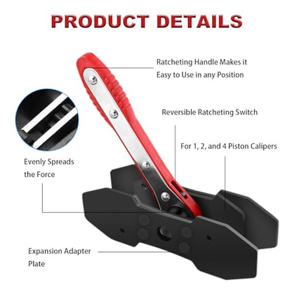 Brake Caliper Compression Tool, 4-in-1 Universal Disc Brake Caliper Tool, 360° Swivel Ratcheting Brake Piston Compressor for Automotive Brake Repair and Installation, with 4 Brake Caliper Hanger Hooks