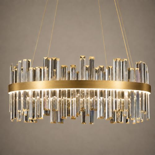 24'' Modern Gold Crystal Chandelier - K9 Crystal LED Dimmable Chandeliers With Remote Control for Dining Room - Luxury Brass Adjustable Pendant Ceiling Light Fixture For Living Room Bedroom Entryway - color: Gold, size: 24 Inch