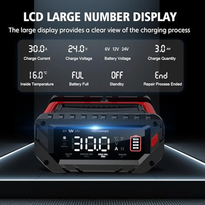 30 Amp 6V/12V/24V Smart Trickle Charger, Car Battery Charger, Lithium, Lifepo4, Lead Acid (AGM/Gel/SLA) Battery Maintainer, Desulfurizer, For: Car, Boat, Motorcycle, Lawn Mowers