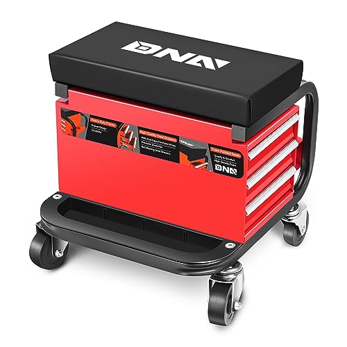DNA Motoring 3-Drawer Rolling Mechanic Seat Garage Shop Roller Stool with Tray and Storage Slots, 242lbs / 110kg Weight Capacity,TOOLS-00142 - color: Red / Black