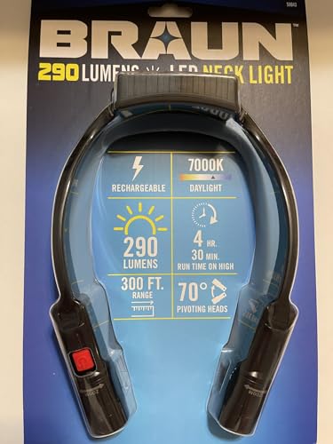 290 Lumens Braun Neck Light, Rechargeable LED, 7000K Daylight, 300ft Range, 70° Pivoting Heads