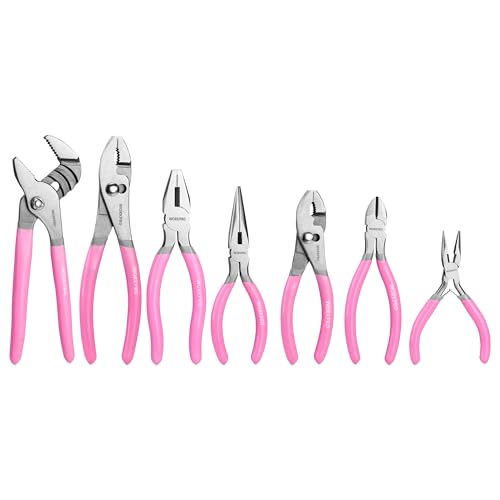 WORKPRO 7-Piece Pliers Set - Pink Ribbon | Groove Joint Plier, Long Nose Plier, Slip Joint Pliers, Linesman Pliers, Diagonal Pliers for DIY & Home Use - color: Gray, Pink