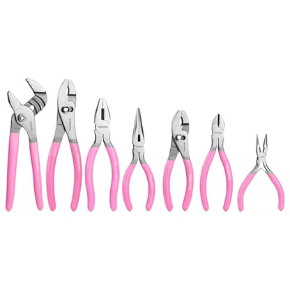 WORKPRO 7-Piece Pliers Set - Pink Ribbon | Groove Joint Plier, Long Nose Plier, Slip Joint Pliers, Linesman Pliers, Diagonal Pliers for DIY & Home Use - color: Gray, Pink