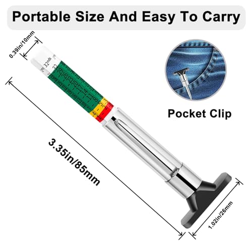 Tire Tread Depth Gauge Kit (4 Pack) - 1/32 Inch High-Accuracy Metal Pencil with Clip - Includes Valve Caps & Portable Bag for Car, Truck, SUV, Motorcycle, Bike