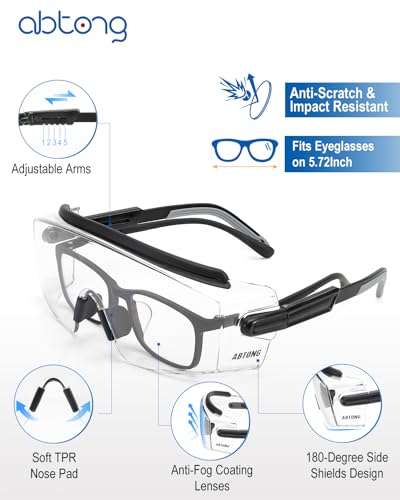 Safety Glasses Over Eyeglasses — ANSI Z87.1 Certified Safety Goggles with UV380 Anti-Fog and Scratch Clear Wraparound Lenses & Adjustable Temples — Ideal for Chemistry Lab Work & Industrial Use - color: Black