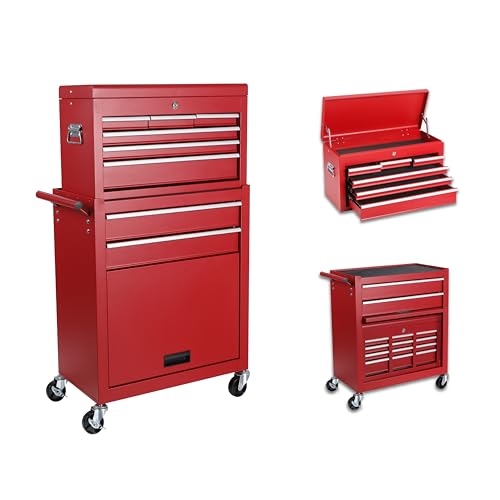 8-Drawer Rolling Tool Chest with Detachable Top Toolbox | Lockable Steel Tool Chest with Wheels,Drawer Liners,Enhanced Packaging for Garage,Workshop,Mechanic, Red - color: Red, style: 8 drawer-detachable