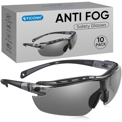 TICONN Anti-Fog Safety Glasses for Men and Women, ANSI Z87.1 Scratch Proof Eye Goggles with Adjustable Arms and UV Protection - style: 10 Pack/Gray