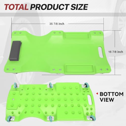 Mechanic Creeper, 36 Inch Low Profile Under Car Rolling Creeper with Padded Headrest and Tool Trays, 300 LBS Capacity, Ergonomic Body Design, Green