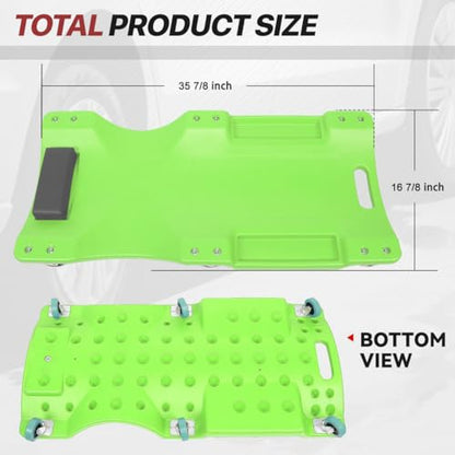 Mechanic Creeper, 36 Inch Low Profile Under Car Rolling Creeper with Padded Headrest and Tool Trays, 300 LBS Capacity, Ergonomic Body Design, Green