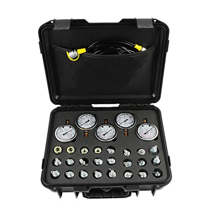 Hydraulic Pressure Test Kit with 5 Gauges, 10/100/250/400/600bar, 24 Couplings 4 Test Hoses Pressure Gauge Set for Excavator Construction Machinery