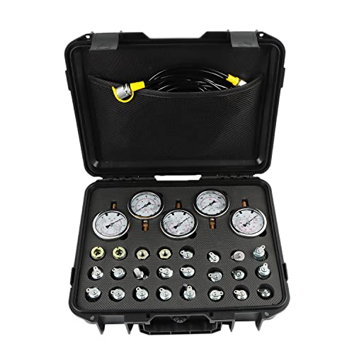Hydraulic Pressure Test Kit with 5 Gauges, 10/100/250/400/600bar, 24 Couplings 4 Test Hoses Pressure Gauge Set for Excavator Construction Machinery