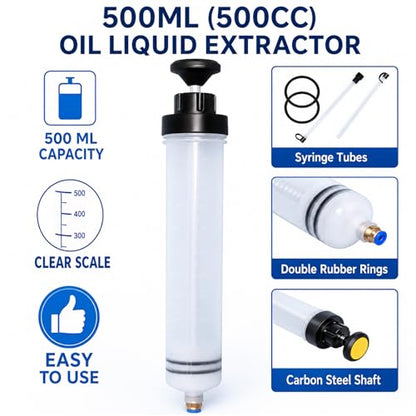 2Pc 500CC Fluid Extractor Syringe for Oil, Brake Fluid & Gasoline Transfer | Large-Capacity Syringe For Quick Oil, Fuel, Brake Fluid And Power Steering Fluid Extraction,Scale Markings - size: 2PC 500ml Oil Suction Syringe