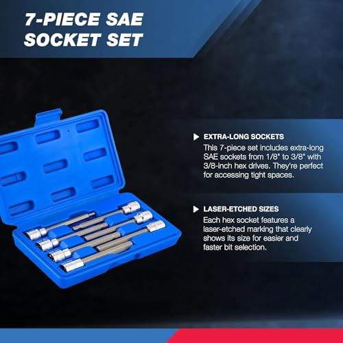 Neiko 10072A 3/8-Inch Drive Extra Long Allen Hex Bit Socket Set, SAE, 1/8-Inch - 3/8-Inch | S2 and Cr-V Steel, 7-Piece Set - style: SAE