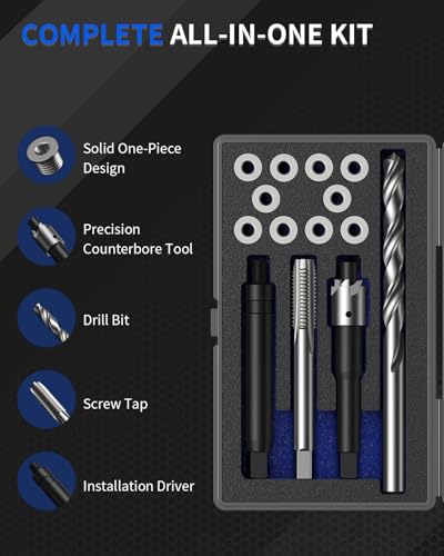 M5x0.8 Metric Thread Repair Kit, with HSS Drill, HSS Tap, Counterbore, Installation Driver, M5x0.8MM 10 pcs 304 Stainless Steel Inserts (7.6mm Length) - size: M5 X 0.8