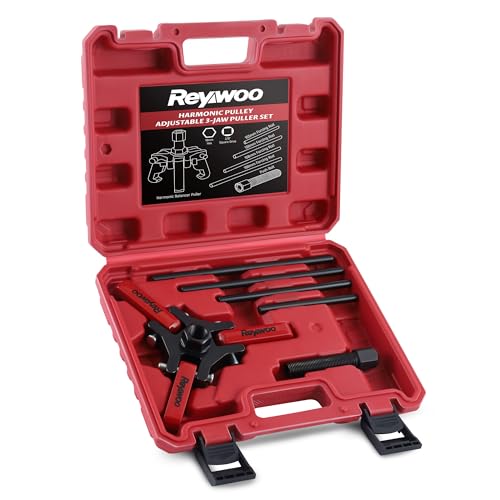 Reywoo Harmonic Balancer Puller Kit, Adjustable 3-Jaw Puller for Removing Harmonic Damper Pulley Compatible with Chevy GM Chrysler Cadillac Ford, Forcing Screw Fits a 3/8" Square Drive - style: Removal