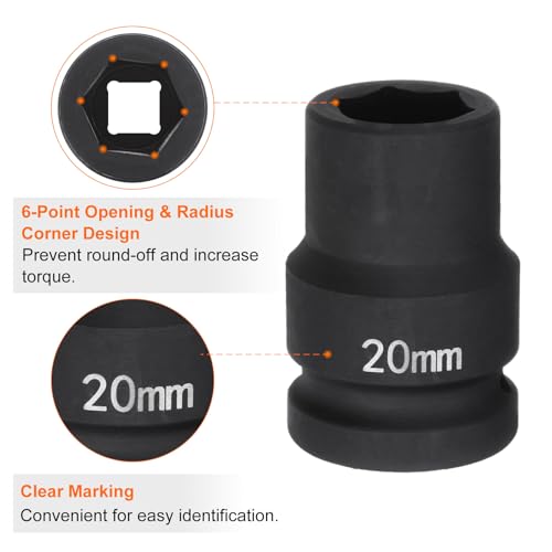 HARFINGTON 6-Point Impact Socket 3/4" Drive 20mm Metric 40Cr Alloy Steel Spindle Axle Nut Impact Socket - size: 20mm