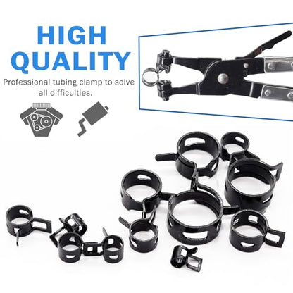 Tnisesm 121Pcs 6-22mm Spring Hose Clamp Assortment Kits with Swivel Flat Band Fuel Hose Clamp Plier, Silicone Vacuum Hose Action Pipe Clamp Low Pressure Air Clip Clamp Hoses Clamps sleeving(Black) - size: 120Pcs-12 Sizes+Plier-BK