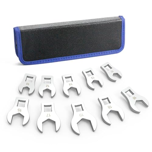 3/8" Drive Crowfoot Wrench Set, 10 Piece Cr-V Steel + Ni-Cr Plating Super Hard Open End Crow Foot Tool Set, Metric 10-19 mm Crows Feet Wrench Set with Storage Pouch for Home Bike Car Repair - style: Regular - Metric