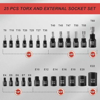 25 Piece Torx Bit and Socket Set, 13 Star Bits (T8- T60) & 12 E-Torx Sockets (E4-E22), Professional Grade Auto & Motorcycle Mechanic Set - style: 25PCS T & E socket set