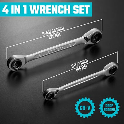 DURATECH 4-in-1 Reversible Ratcheting Box Wrench Set, Metric, 2-Piece | Double Box End, 8mm, 10mm, 12mm, 13mm & 14mm, 15mm, 17mm, 19mm, CR-V Steel, Matte Chrome Plated, Rolling Pouch - style: Regular & Metric