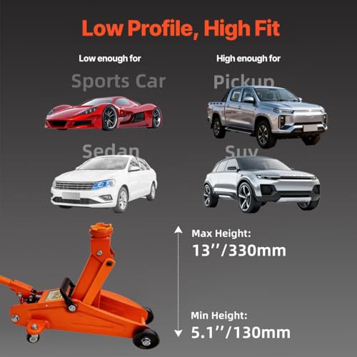 Low Profile Hydraulic Floor Jack, 2 Ton, 5-1/8"-13" Lift | 4000LB Capacity, Overload Safety Valve, Swivel Casters, Heavy-Duty Steel, For Sedans, SUVs Trucks