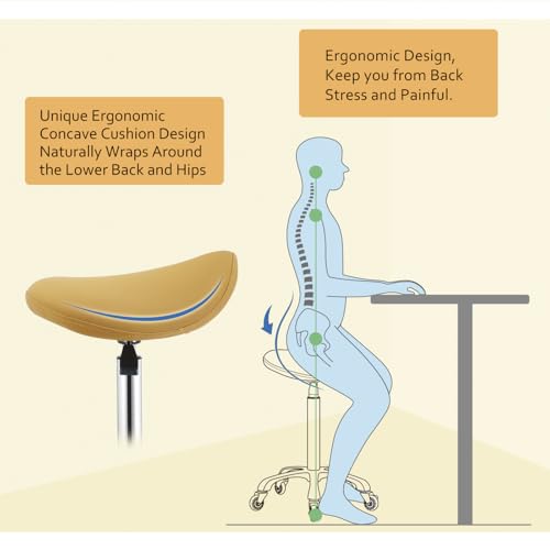 Saddle Stool Chair with Wheels,Ergonomic Swivel Rolling Height Adjustable for Salon Beauty Clinic Dentist Tattoo Home Office - color: Camel, size: No Backrest