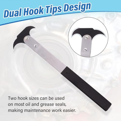 Seal Puller, Oil and Grease Seal Removal, Dual Hook Tip, Heavy-Duty | Universal, Crank Seal Installer and Remover, for Car, SUV, Light Truck, Machine Repair, Non-Slip Handle, Heat-Treated Steel - color: Black