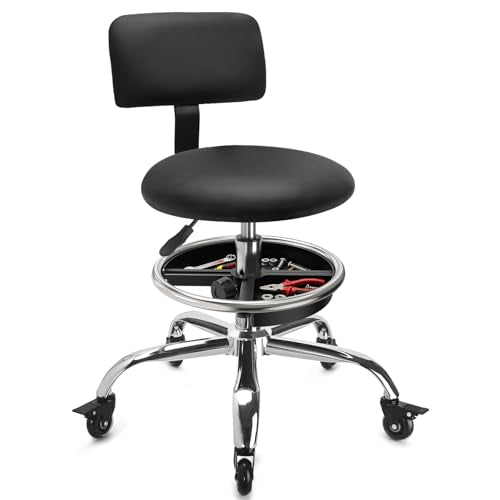 Garage Stool with Backrest, Mechanics Rolling Chair Adjustable Footrest, Workshop Chair with Storage Tray, Rolling Shop Stool Height Adjustable, Swivel Task Chair for Salon Tattoo (Black) - color: Black