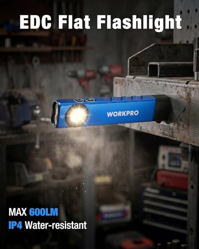 WORKPRO Rechargeable Work Light, 600 Lumens Flat Pocket Flashlight with UV Light, Magnetic Base & Clip, Slim LED EDC Flashlight for Garage, Camping, Home, and Emergencies - color: Blue