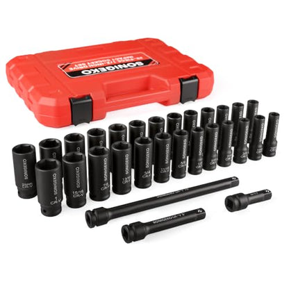 29-Piece 1/2" Drive Impact Socket Set，(3/8"-1", 10mm-24mm) | 6-Point Deep Standard SAE & Metric ,CR-V Steel Sockets with 3", 5", 10" Extension Bars and Storage Case - size: 29 PCS, 1/2" Socket Set, Metric & SAE