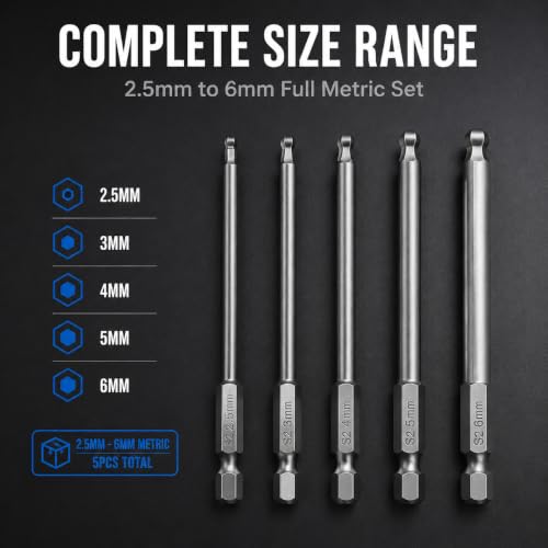 VESTTIO Ball End Hex Allen Wrench Bit Set, 5-Piece, 4-Inch, Magnetic S2 | Industrial S2 alloy steel, 1/4 inch hex shank, magnetic tips, metric size, design for power screwdriver drill impact driver - size: 5 BALL / 4 inch
