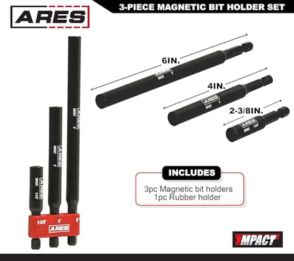 ARES 22030 – 3-Piece Magnetic Bit Holder Set – 1/4-Inch Hex Shank for Use with Power Drills and Drivers – Magnet Securely Holds Bits in Place – Includes 2.5-Inch, 4-Inch, and 6-Inch Lengths - size: 3-Piece Magnetic Bit Holder Set
