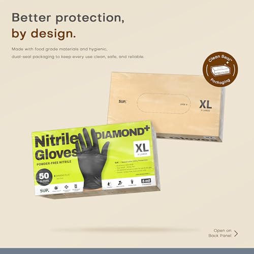 SUPER+ HEAVY DUTY Nitrile Gloves 8 Mil Diamond Texture Disposable Chemical Resistant Powder &Latex Free Food Safe Black 50 Ct - color: X-large (Iron-grey)