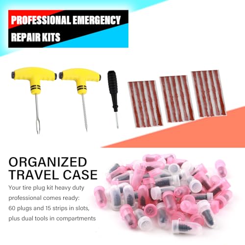15PCS Tire Plug Kit Seal Strip + 60PCS Screw in Tire Plugs,All-in-One Flat Tires Repair Kit with Plugs for Puncture Fixing,Tires Repair Plug Car Tools for Roadside Emergencies