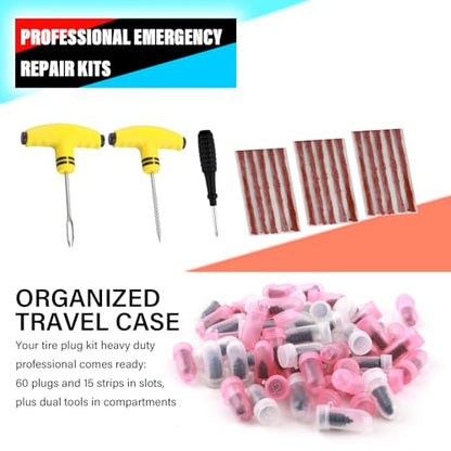15PCS Tire Plug Kit Seal Strip + 60PCS Screw in Tire Plugs,All-in-One Flat Tires Repair Kit with Plugs for Puncture Fixing,Tires Repair Plug Car Tools for Roadside Emergencies