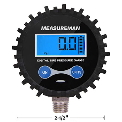 MEASUREMAN 2-1/2" Dial Size Digital Air Pressure Gauge with 1/4'' NPT Bottom Connector and Protective Boot, 0-200psi, Accuracy 1%, Battery Powered with LED Light - size: Short thread, style: 0-200psi